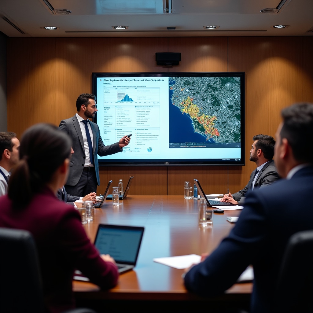 Profesional presentando hallazgos de inteligencia de mercado a comité de inversión en sala de juntas