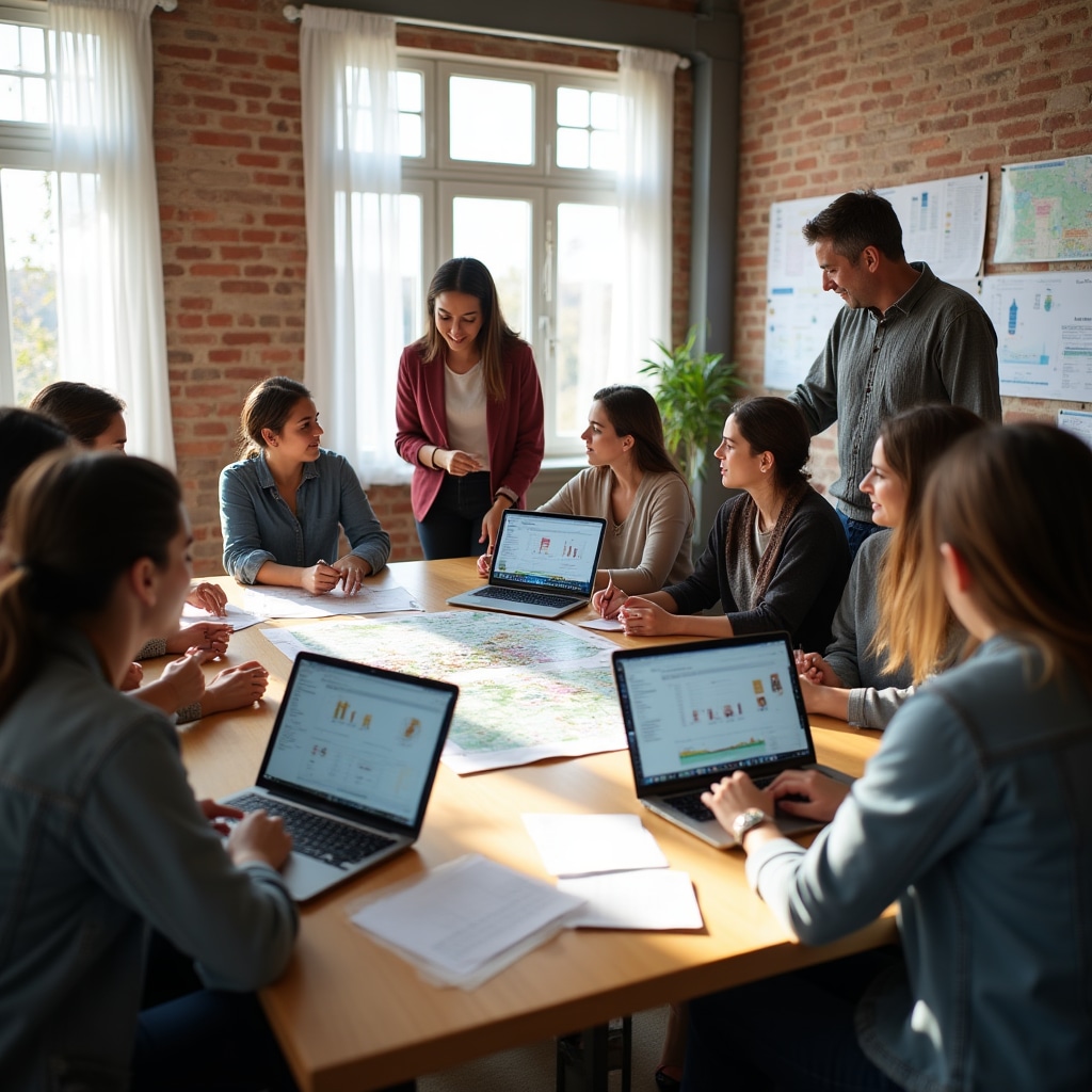 Housing cooperative members reviewing neighborhood maps and market data in collaborative planning session