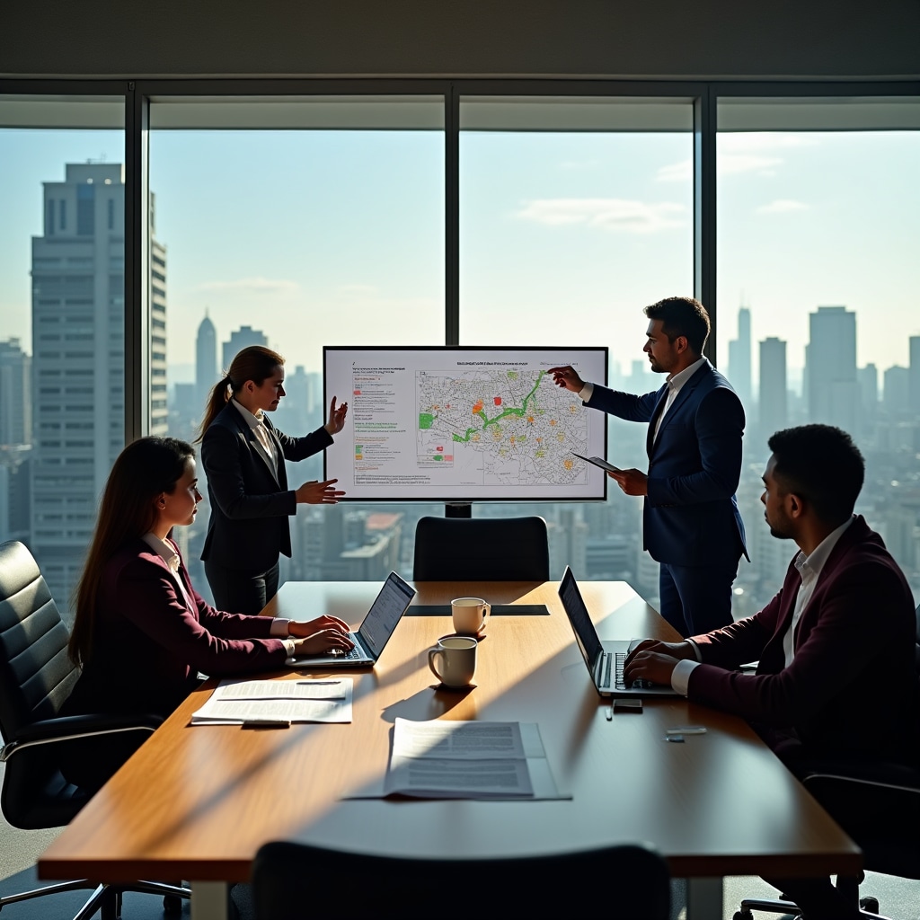 Investment team reviewing market intelligence reports in modern conference room