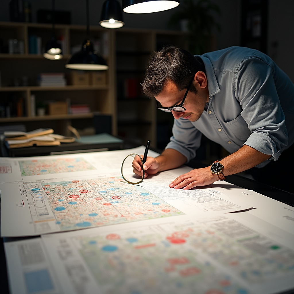 Urban planning analysis with architectural drawings and market data overlays